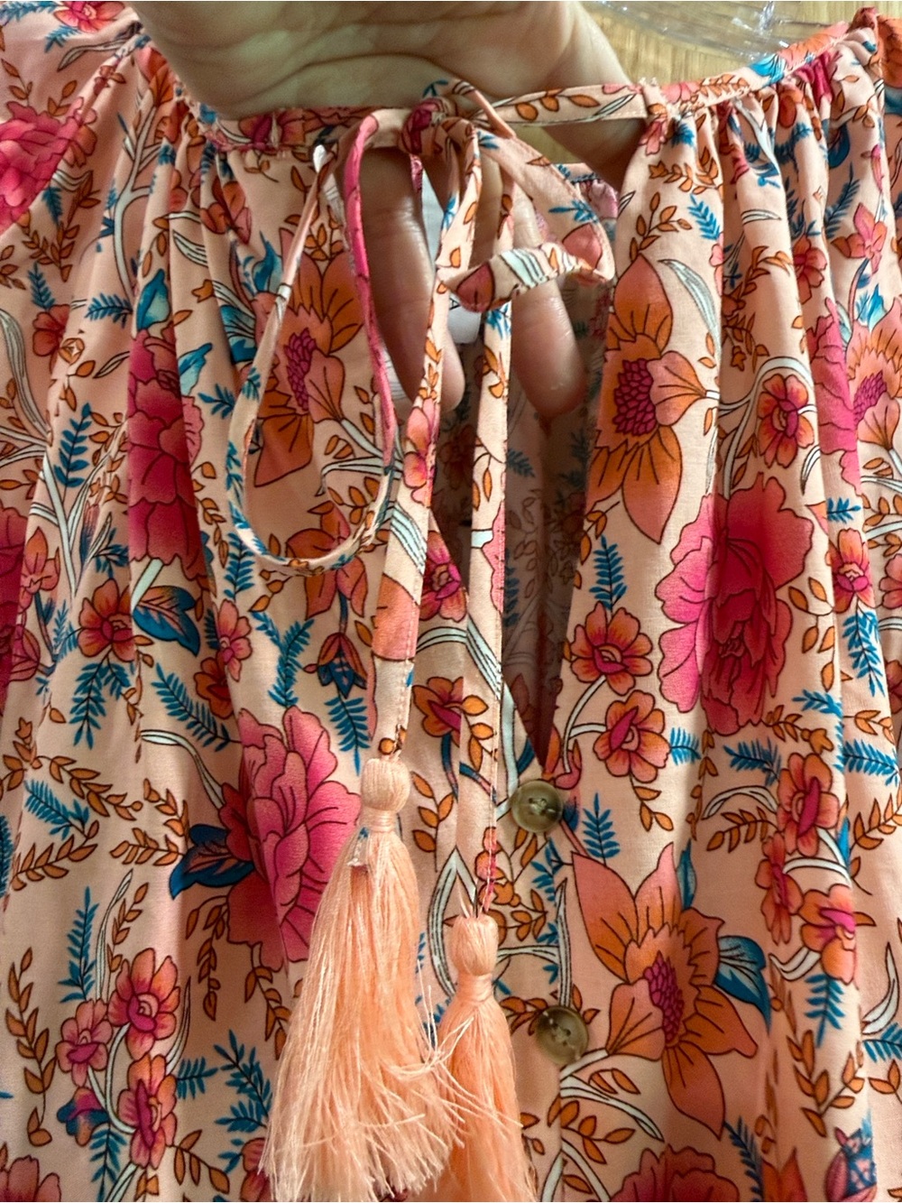 NWT Grace + Karma Size L Boho Peasant Festival Hippie Floral Tassel Tie Blouse - Picture 4 of 12
